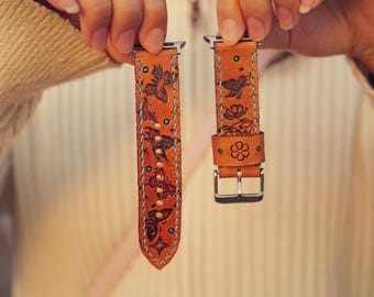 Compatible with Apple Watch Band, Veg-Tan Leather, Butterfly Garden Engraved, Western Boho, Tan Vintage, Hand-Stitched