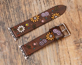 Correa de cuero hecha a mano para Apple Watch – Correa bohemia floral pintada a mano, con grabado de flores, regalo único para mujeres KFYHPGB
