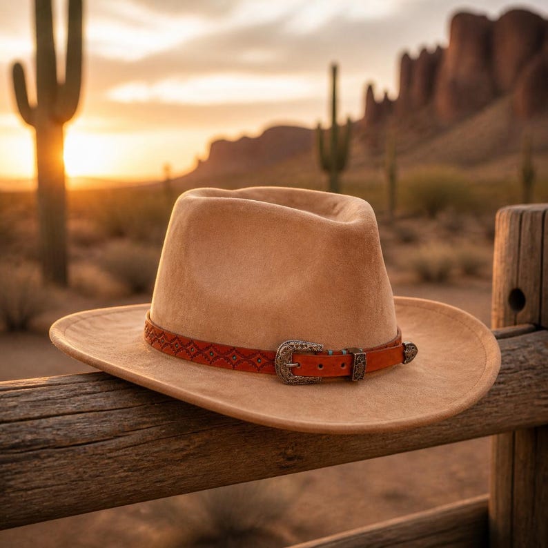 May include: A tan felt fedora hat featuring a brown leather band with a repeating geometric pattern and an ornate silver-toned metal buckle. The hat has a structured crown and a wide brim, resting on a horizontal wooden rail.