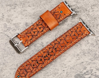 Tooled Leather Apple Watch Band, Boho Western Geometric, Hand-Stitched, Compatible with Apple Watch 38–49mm