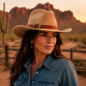 May include: A tan felt cowboy hat featuring a brown leather hat band with a repeating geometric pattern and a silver-toned metal buckle. The hat has a structured crown and a wide, slightly curved brim, providing a classic silhouette.