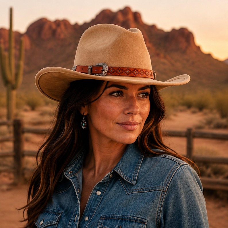 May include: A tan felt cowboy hat featuring a brown leather hat band with a repeating geometric pattern and a silver-toned metal buckle. The hat has a structured crown and a wide, slightly curved brim, providing a classic silhouette.