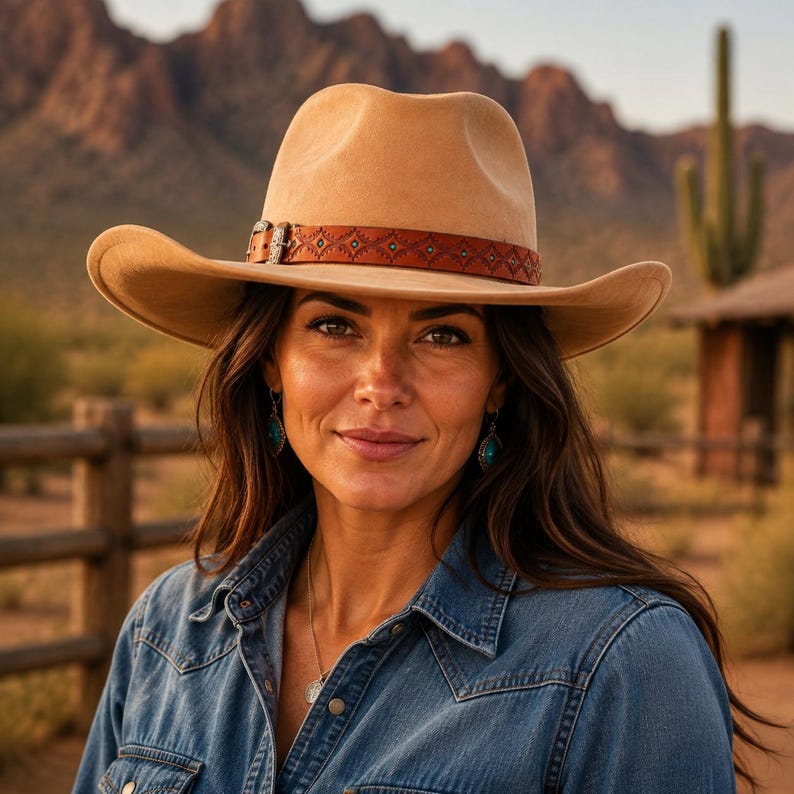 May include: A tan felt cowboy hat featuring a brown leather hat band with intricate geometric tooling and small turquoise accents. The hat has a structured crown and a wide, slightly curved brim, providing a classic silhouette for outdoor wear.