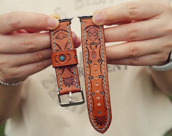 Correa de cuero artesanal para Apple Watch, estilo bohemio occidental, con puntada turquesa, para mujer