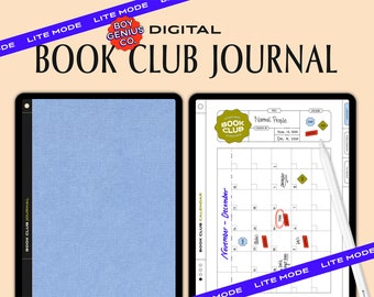 Könnte beinhalten: Eine digitale Buchclub-Journalvorlage mit einem blauen Umschlag und einer Kalenderseite mit dem Titel "Normal People" und den Daten für November und Dezember. Die Kalenderseite enthält ein Buchclub-Logo mit dem Text "Book Club".