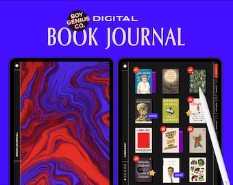 May include: A digital book journal app interface with a red and blue marbled background. The app features a library of books with covers and titles, including "Normal People" by Sally Rooney, "Little Women" by Louisa May Alcott, and "The Night Ocean" by Paul Yoon. The app also includes a feature to mark books as "loaned".