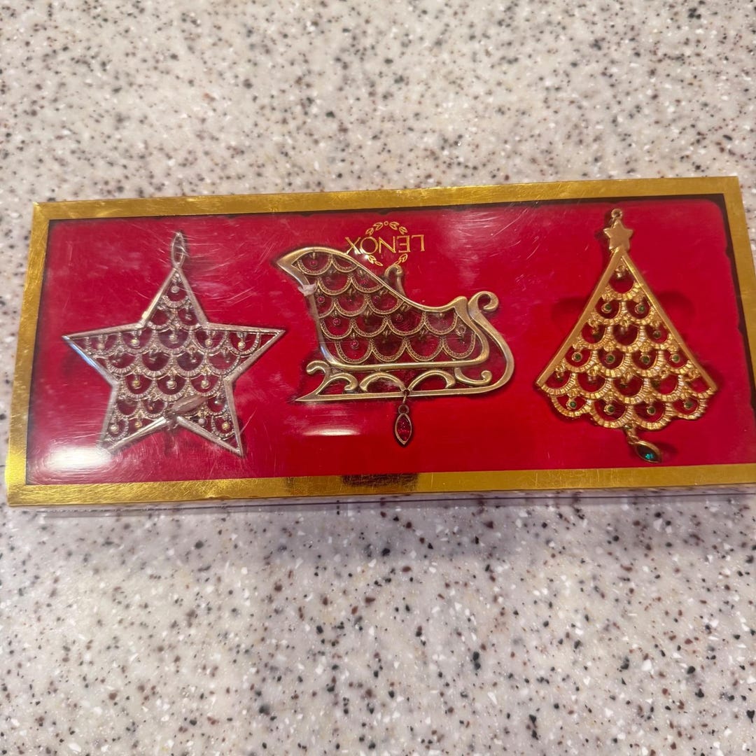 Lenox Vintage Set of 3 Faux Jewel Ornaments Sleigh Star Tree Red