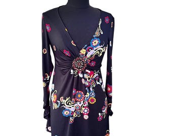 Eci Beige Black Floral Print Long Sleeve Mini Dress Jewel Detail Boho Hippie SM