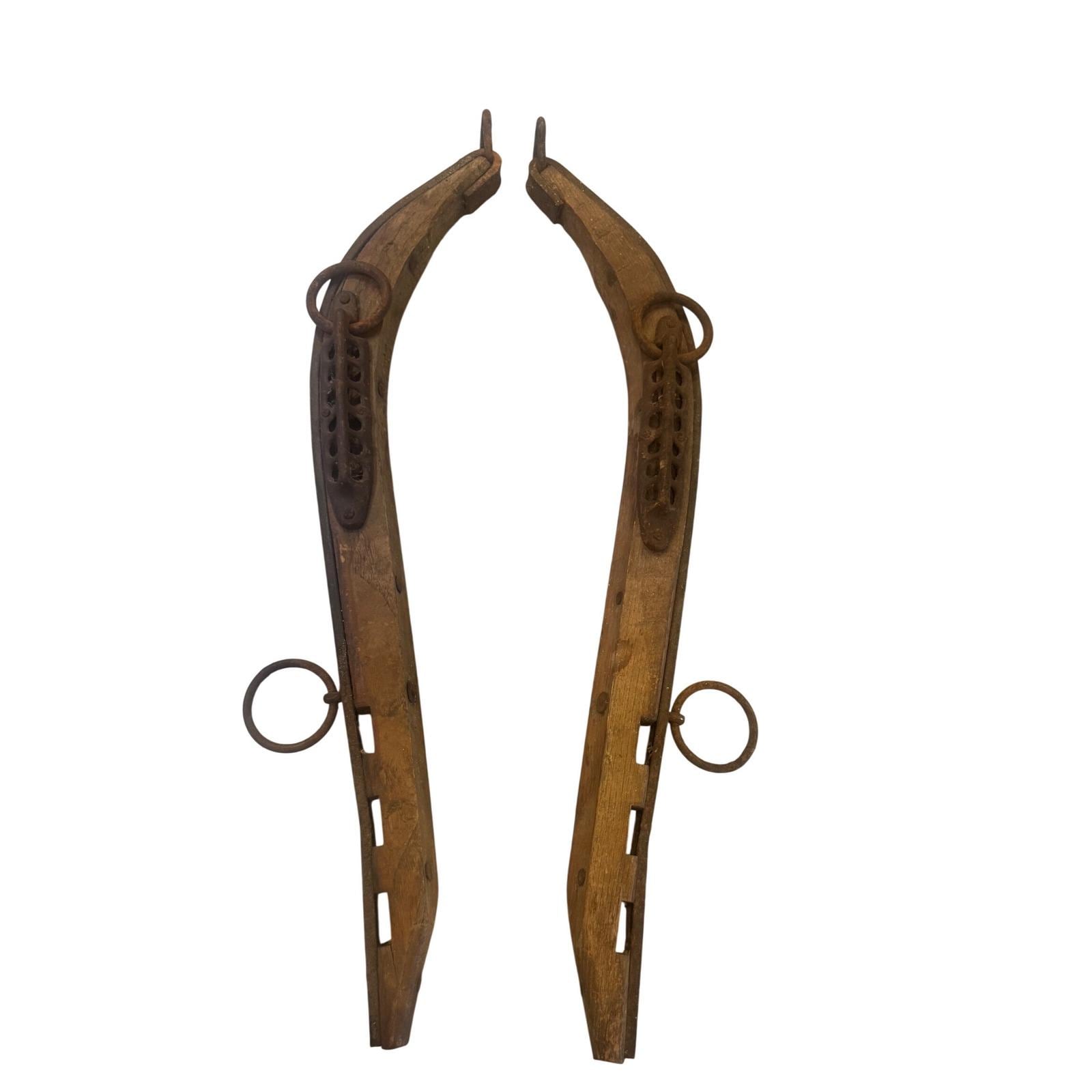 Antique Wood and Iron Horse Hames Pair Rustic Primitive Farmhouse Decor 24.5in