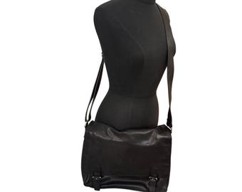 Vintage Cole Haan Black Leather Messenger Bag Adjust Strap Buckle Flap 11x14x3