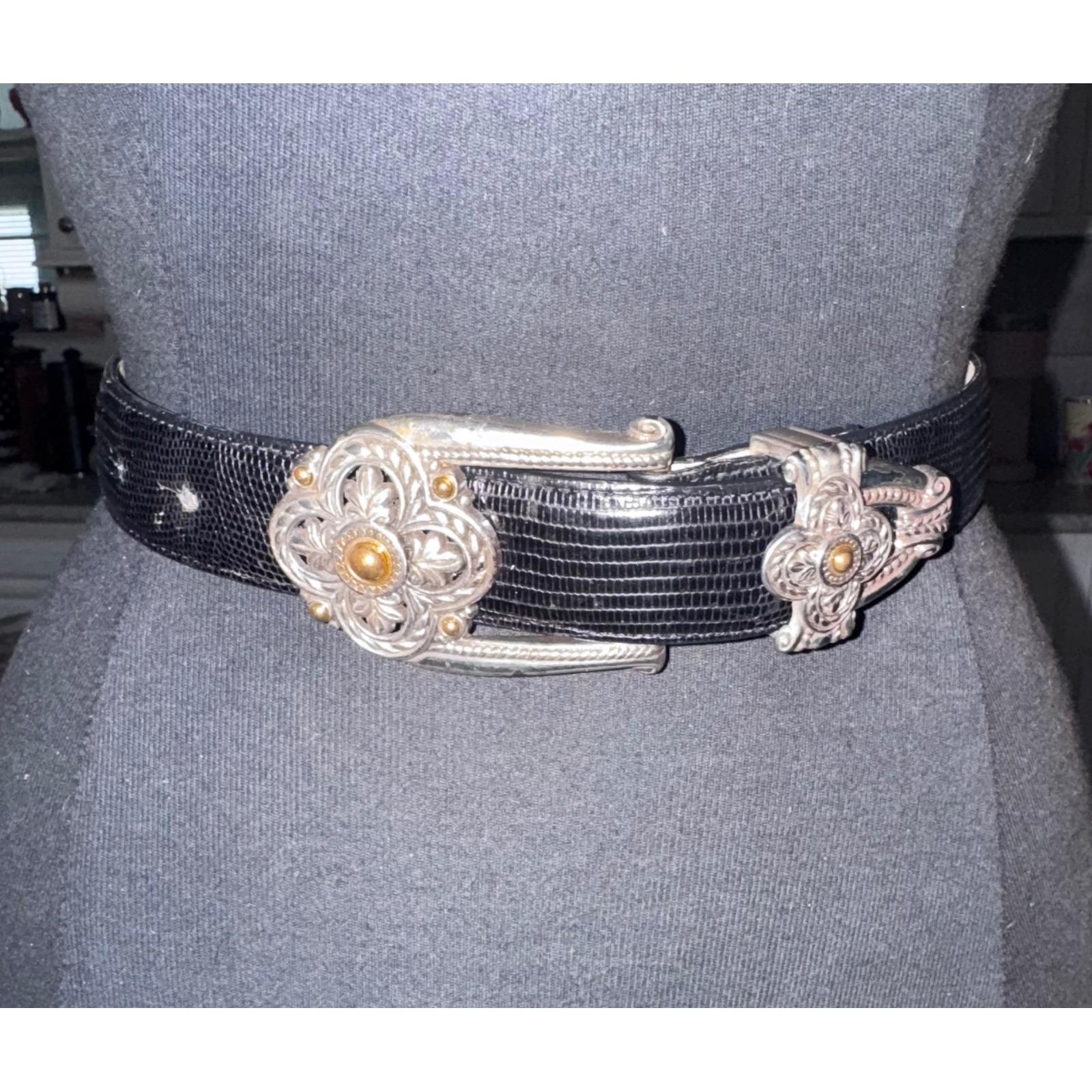 Vintage Brighton Black Embossed Leather Belt Silver Plated 