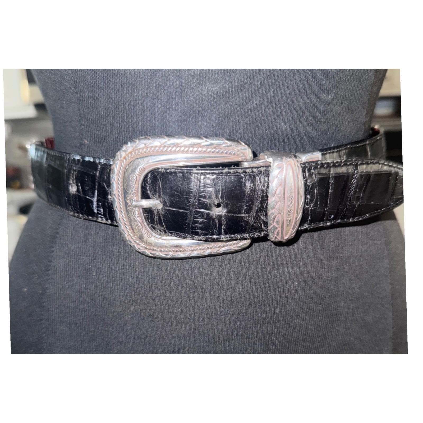 Vintage BRIGHTON \'B40369\' Reversible‎ Croc  Leather Belt Silver Buckle Vintage Brighton Reversible Black Brown Croc Silver Leather  main image 2