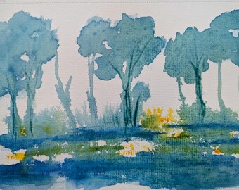 Pintura de paisaje original pintada a mano con árboles abstractos, pintura contemporánea de árboles otoñales A5