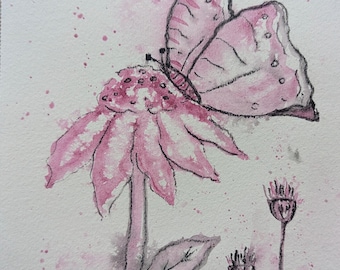 Pintura original de flores de mariposa en acuarela, pintura floral de prado A5