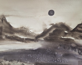 Semi Abstract Original Hand Painted painting, dark dull landscape art A4