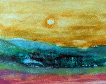 Acuarela original contemporánea pintada a mano, pintura de paisaje sereno, arte de acuarela