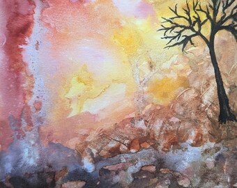 Pintura de paisaje abstracto original en acuarela pintada a mano, no impresa A4