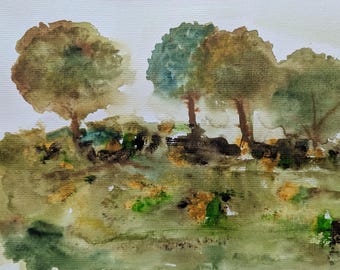 Paisaje abstracto original pintado a mano, paisaje contemporáneo, arte de acuarela