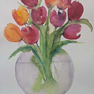 Original watercolour painting (not print) Floral Red Flowers Tulips in vase A4