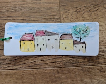 Marcapáginas originales con paisajes de casas en acuarela, regalos pintados a mano.