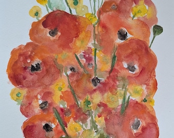 Acuarela floral original: amapolas amarillas, naranjas y rojas - Arte de primavera
