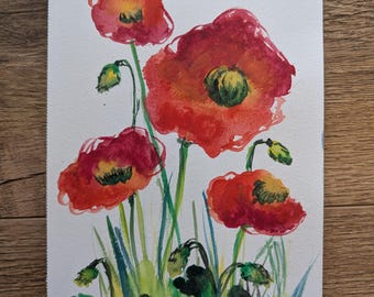 Pintura floral original en acuarela, pintura de amapolas rojas y anaranjadas, pintura floral contemporánea A5