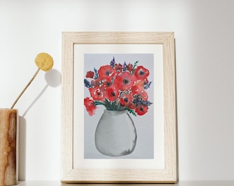 Acuarela original de amapolas rojas, pintura floral contemporánea