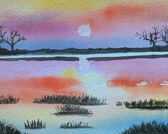 Paisaje de acuarela original pintado a mano, pintura de paisaje abstracto, pintura de río y lago al atardecer, no es una impresión