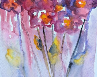 Pintura original de flores coloridas en acuarela, pintura floral rosa, no impresa A4