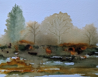 Pintura de paisaje original pintada a mano con árboles abstractos, pintura contemporánea de árboles otoñales A5