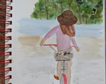 Pintura de acuarela original (no impresa) Mujer en bicicleta