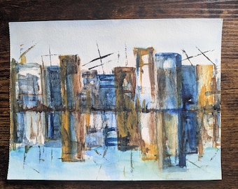 Abstract Original Hand Painted Watercolour (Not print) Cityscape reflection