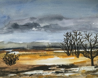 Pintura de paisaje original pintada a mano con árboles abstractos, pintura contemporánea de árboles otoñales A5