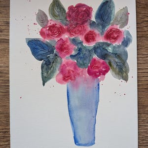 Original watercolour painting (not print) Floral pink Flowers roses in vase A4