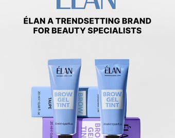 May include: Two tubes of Élan Brow Gel Tint in Taupe, with matching boxes, against a light background. The tubes are light blue with black caps and white text. The boxes are purple with white text. The text "Élan" and "Élan A Trendsetting Brand" are visible.