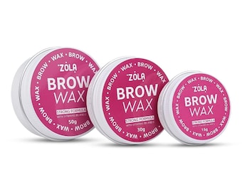May include: Three round, silver tins of Zola Brow Wax, each with a magenta label. The labels read "BROW WAX" and "STRONG FORMULA" with the weight of the wax in grams. The tins are arranged from largest to smallest.
