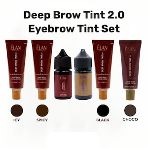 Puede incluir: Set de tinte para cejas Deep Brow Tint 2.0. La imagen muestra tubos y frascos de tinte para cejas en varios tonos, incluyendo Icy, Spicy, Black y Choco. El producto es de la marca ÉLAN.