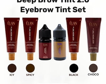 May include: Deep Brow Tint 2.0 Eyebrow Tint Set. The image shows tubes and bottles of eyebrow tint in various shades, including Icy, Spicy, Black, and Choco. The product is labeled with the brand name ÉLAN.