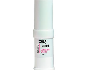 May include: A white cylindrical bottle with a white cap and a white base. The bottle has the text "ZOLA LAMIONE LAMINATION SYSTEM 10 ML" in pink and black. The words "ONE STEP" are printed vertically on the side.