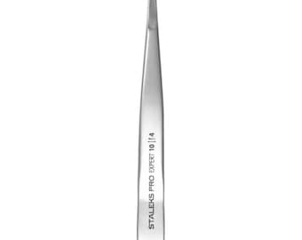 May include: A stainless steel Staleks Pro Expert 10 E4 tweezer. The tweezer has a slanted tip and is designed for precision grooming. The text "STALEKS PRO EXPERT 10 | E4" is printed vertically on the side of the tweezer.