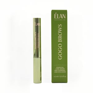 May include: A cosmetic product for eyebrows and eyelashes. The image shows a tube and a box, both in shades of green and gold. The box has the text "GOGO BROWS" and "ESSENTIAL CARE SERUM FOR EYEBROWS AND EYELASHES". The tube has the text "GOGO BROWS".