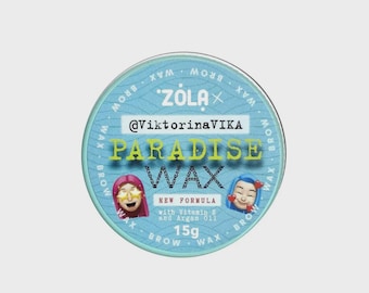 May include: A round, light blue container of ZOLA Paradise Brow Wax. The label includes the text "@ViktorinaVIKA", "PARADISE WAX", "NEW FORMULA", and "15g". The product contains Vitamin E and Argan Oil. Two cartoon faces are also featured.