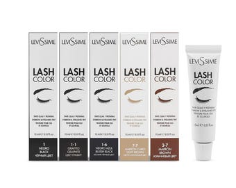 May include: A collection of LEVISSIME LASH COLOR eyebrow and eyelash tint products. The packaging includes five boxes and one tube, each labeled with color names like Black, Graphite, and Brown. Each container is 15ml or 0.51 fl oz.