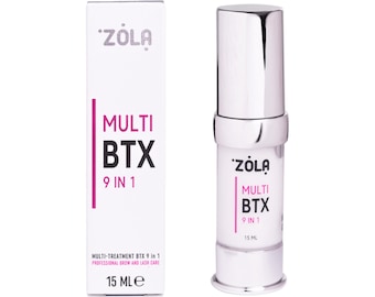 May include: A white cosmetic product with a silver cap and the text "ZOLA MULTI BTX 9 IN 1" in pink and black. The product is 15 ml. A matching white box with the same text is also shown.
