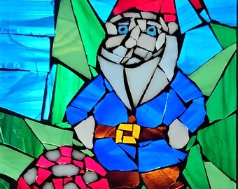 Stained Glass Mosaic Gnome Chillin with a Mushroom 5x7