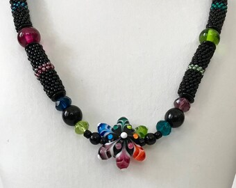 Lampwork Glass Star Flower and Seed Bead Necklace