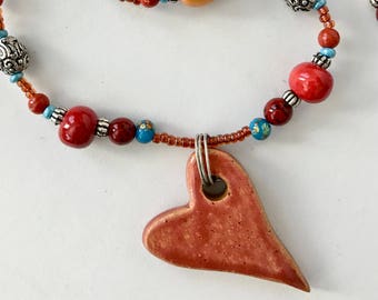 Terra Cotta Color Clay Heart Necklace, Fair Trade Kazuri Bead Necklace With Silver-Plated Beads