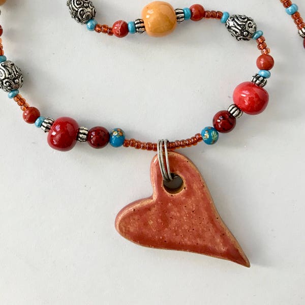 Terra Cotta Color Clay Heart Necklace, Fair Trade Kazuri Bead Necklace With Silver-Plated Beads