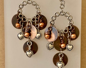 Copper Disc and Silver Heart Earrings