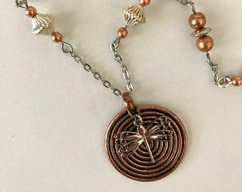 Dragonfly and Copper Spiral Necklace